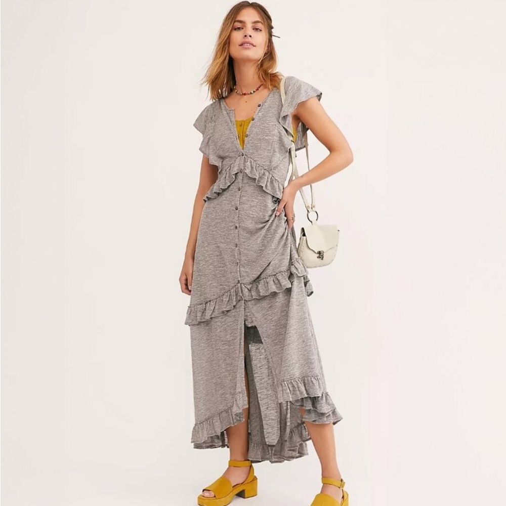 Free People FP Beach Amelia Tiered Ruffle‎ Maxi Dress Gray Button Front Size XS